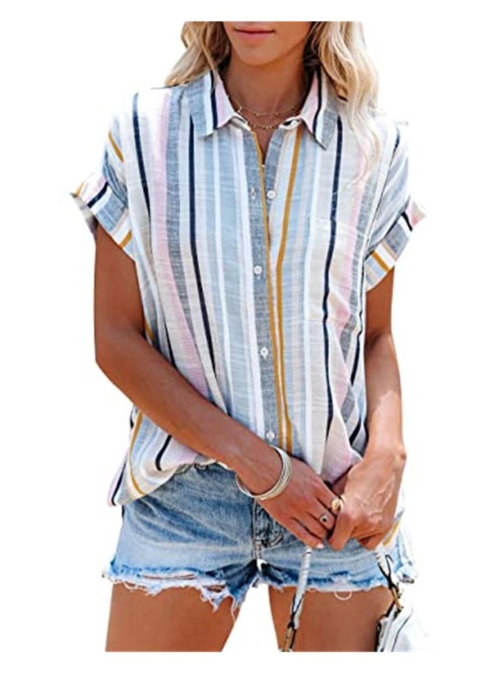 Womens Striped Button Down Blouse V Neck Short Sleeve Business Casual Work Shirt